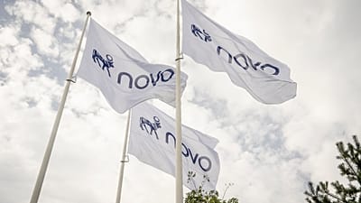 Flaggen mit dem neuen Novo-Logo vor der Firmenzentrale in Bagsvaerd, Dänemark, am Dienstag, dem fünfzehnten September 2026.