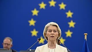 FILE - European Commission President Ursula von der Leyen delivers a speech at the annual STOEU at the European Parliament in Strasbourg, France, 16 Sept 2026.