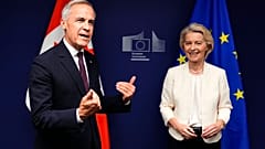 Canadian Prime Minister Mark Carney left, and European Commission President Ursula von der Leyen participate in a bilateral meeting, at the European Parliament in Strasbourg, 
