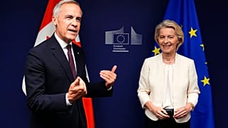 Canadian Prime Minister Mark Carney left, and European Commission President Ursula von der Leyen participate in a bilateral meeting, at the European Parliament in Strasbourg, 