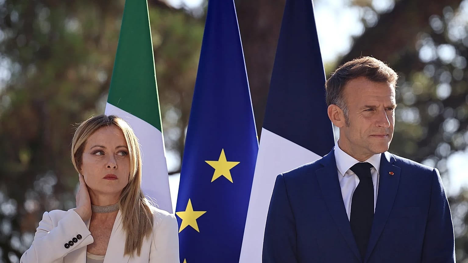Italian Prime Minister Giorgia Meloni attends a joint press conference with French President Emmanuel Macron as part of a Franco-Italian summit in Antibes, June 2026.