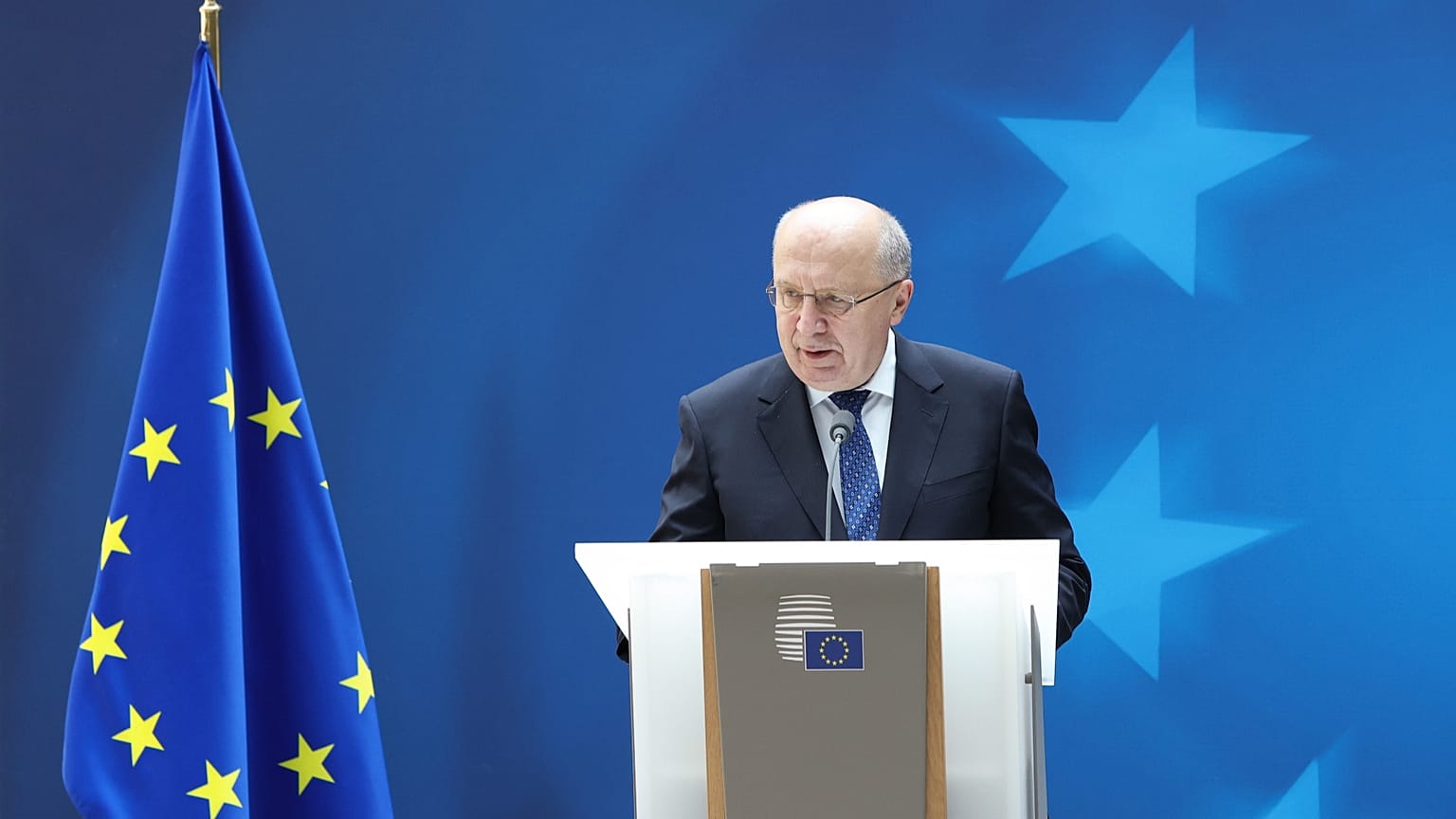 European Commissioner for Defnece Andrius Kubilius at the European Union Military Committee in Brussels, Belgium, May 2026.