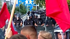 Protesters gather in front of the EULEX mission in Prishtina after former Kosovo President Hashim Thaci's war crime sentencing in The Hague, 16 September 2026