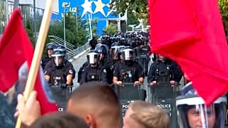 Protesters gather in front of the EULEX mission in Prishtina after former Kosovo President Hashim Thaci's war crime sentencing in The Hague, 16 September 2026
