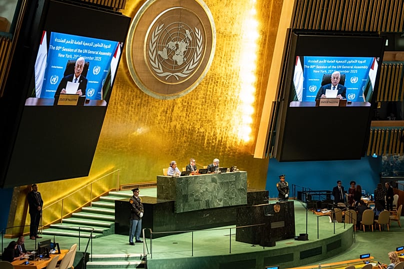 Le président palestinien Mahmoud Abbas s'adresse à la 80e session de l'Assemblée générale des Nations unies par vidéoconférence, à New York, le jeudi 25 septembre 2025