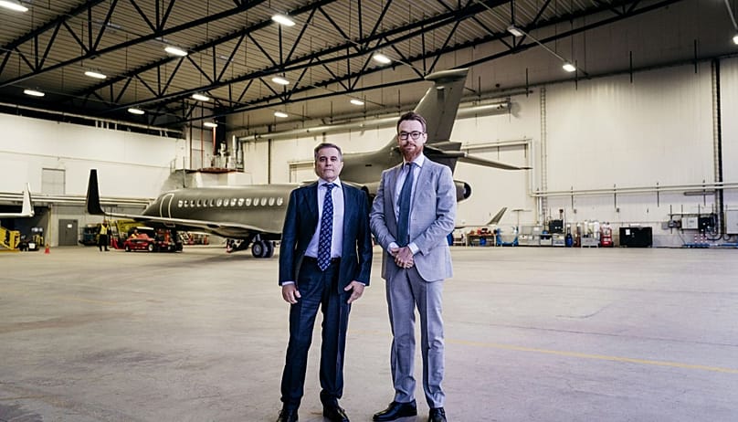 In this photo provided by the Swedish government, Saeed Azizi, left, and Johan Floderus stand together at Arlanda airport in Stockholm, Sweden on Saturday, June 15, 2024, afte