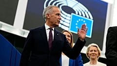Canadian Prime Minister Mark Carney waves as he arrives in the Hemicycle of the European Parliament in Strasbourg, France.