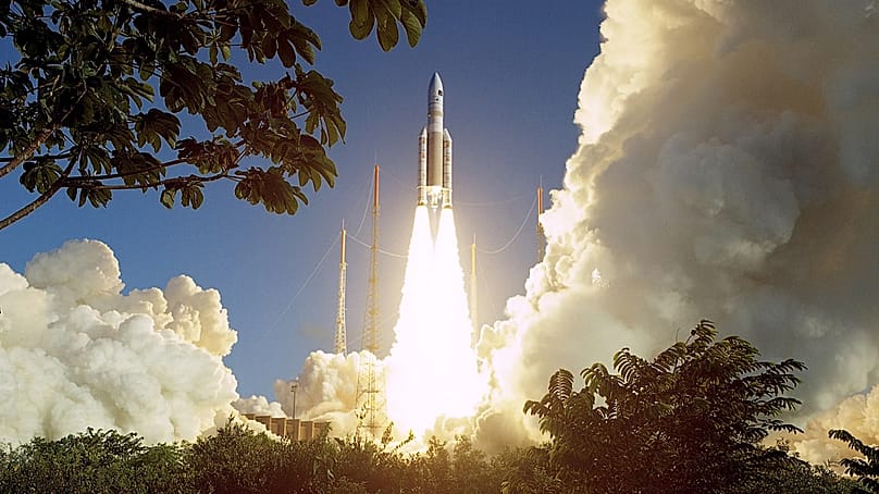 Europäische Rakete Ariane 5 ECA startet 2005 in Kourou, Französisch-Guayana