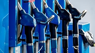 Gas pumps are shown at a gas station in Frankfurt, Germany