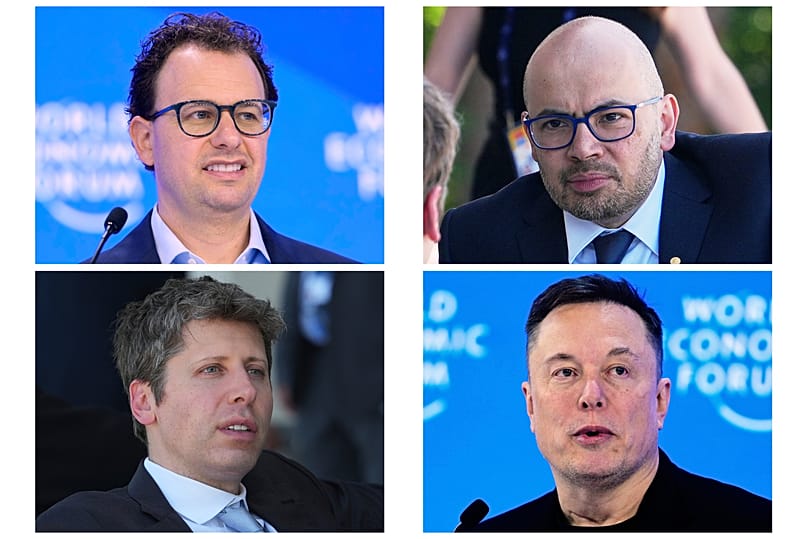 CEO und Mitgründer von Anthropic, Dario Amodei (oben links), Demis Hassabis (oben rechts), CEO von OpenAI, Sam Altman (unten links), CEO von SpaceXAI, Elon Musk (unten rechts)