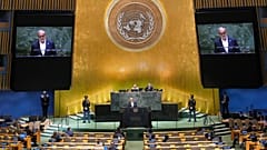 مسعود پزشکیان، رئیس جمهوری ایران در نشست سالانه مجمع عمومی سازمان ملل متحد، سپتامبر ۲۰۲۵