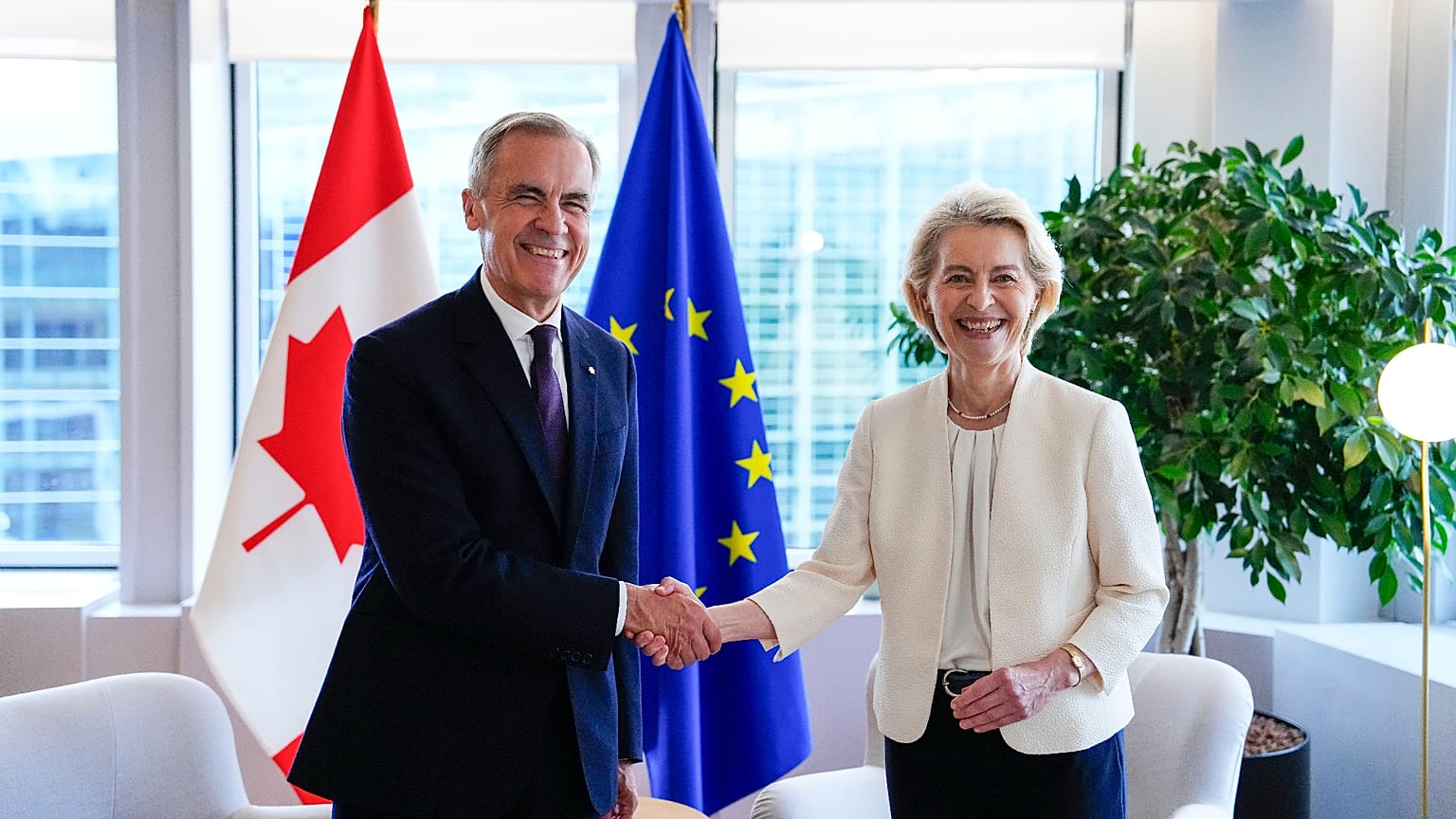 Canadian Prime Minister Mark Carney and European Commission President Ursula von der Leyen shake hands at bilateral meeting in Strasbourg, France, Wednesday, Sept. 16, 2026. 