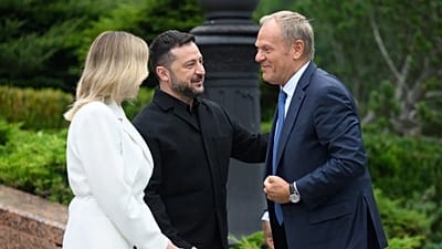 Poland's Prime Minister Donald Tusk, right, is welcomed to the first C8 summit by Ukraine's President Volodymyr Zelenskyy and his wife Olena Zelenska.