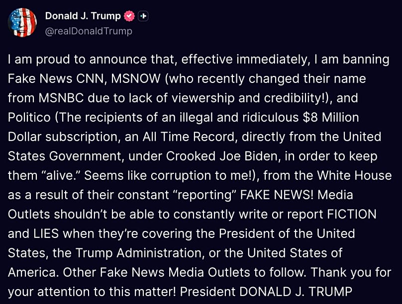 President Trump writing on Truth Social