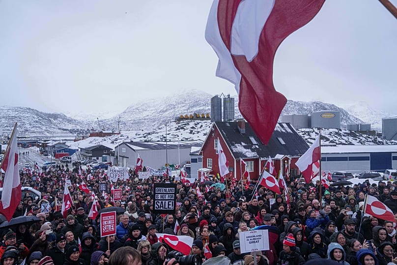 People protest against Trump's policy towards Greenland in front of the US consulate in Nuuk, Greenland, Jan. 17, 2026.