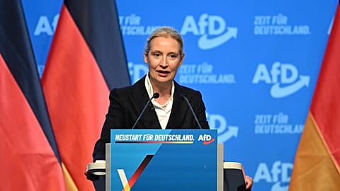Alice Weidel, group leader of the AfD, speaks at the AfD party convention at the Erfurt Exhibition Center, Erfurt. Germany, Saturday July 4, 2026. 