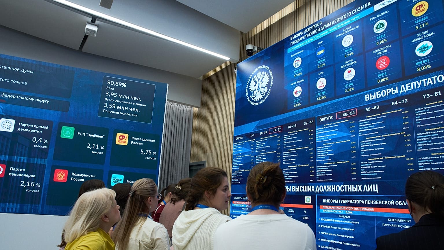 Journalists look at preliminary voting results for Russian parliamentary elections on a video screen in Moscow, 20 September, 2026