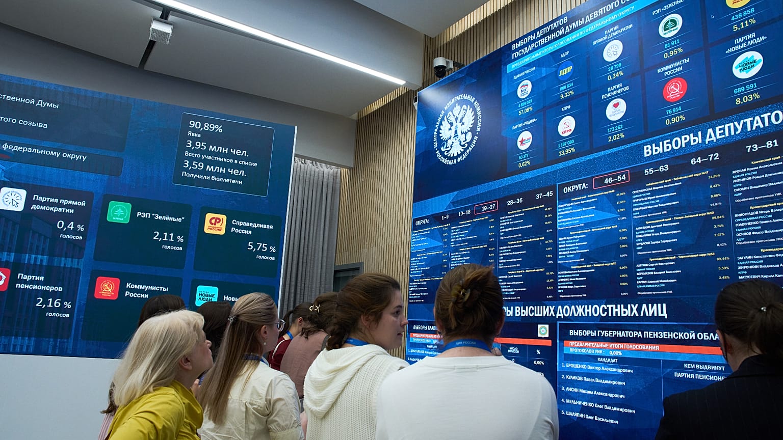 Gazeteciler, Moskova'daki Rusya Merkez Seçim Komisyonu toplantısı sırasında ekranda parlamento seçimlerine ilişkin ilk oy sonuçlarını inceliyor, 20 Eylül 2026.