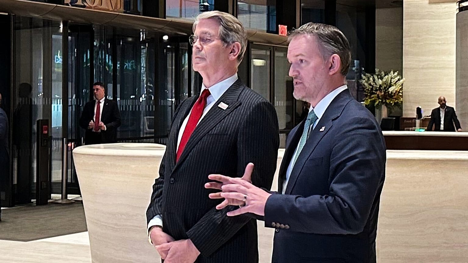 U.S. Treasury Secretary Scott Bessent, left, and U.S. Trade Representative Jamieson Greer, address reporters in New York, Sunday, Sept. 20, 2026.