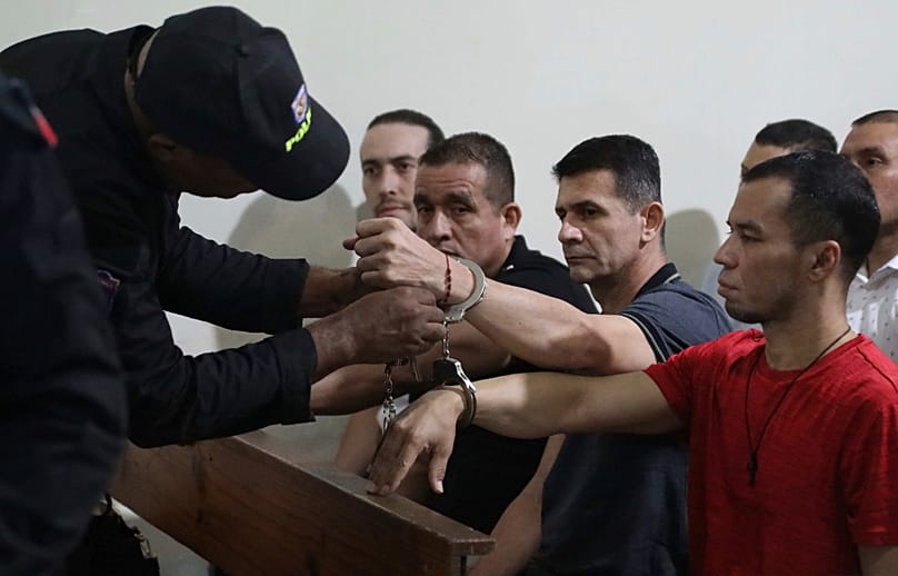 Colombians who are suspects and accused of involvement in the 2021 assassination of Haitian President Jovenel Moïse in court in Port-au-Prince, 20 January, 2025 