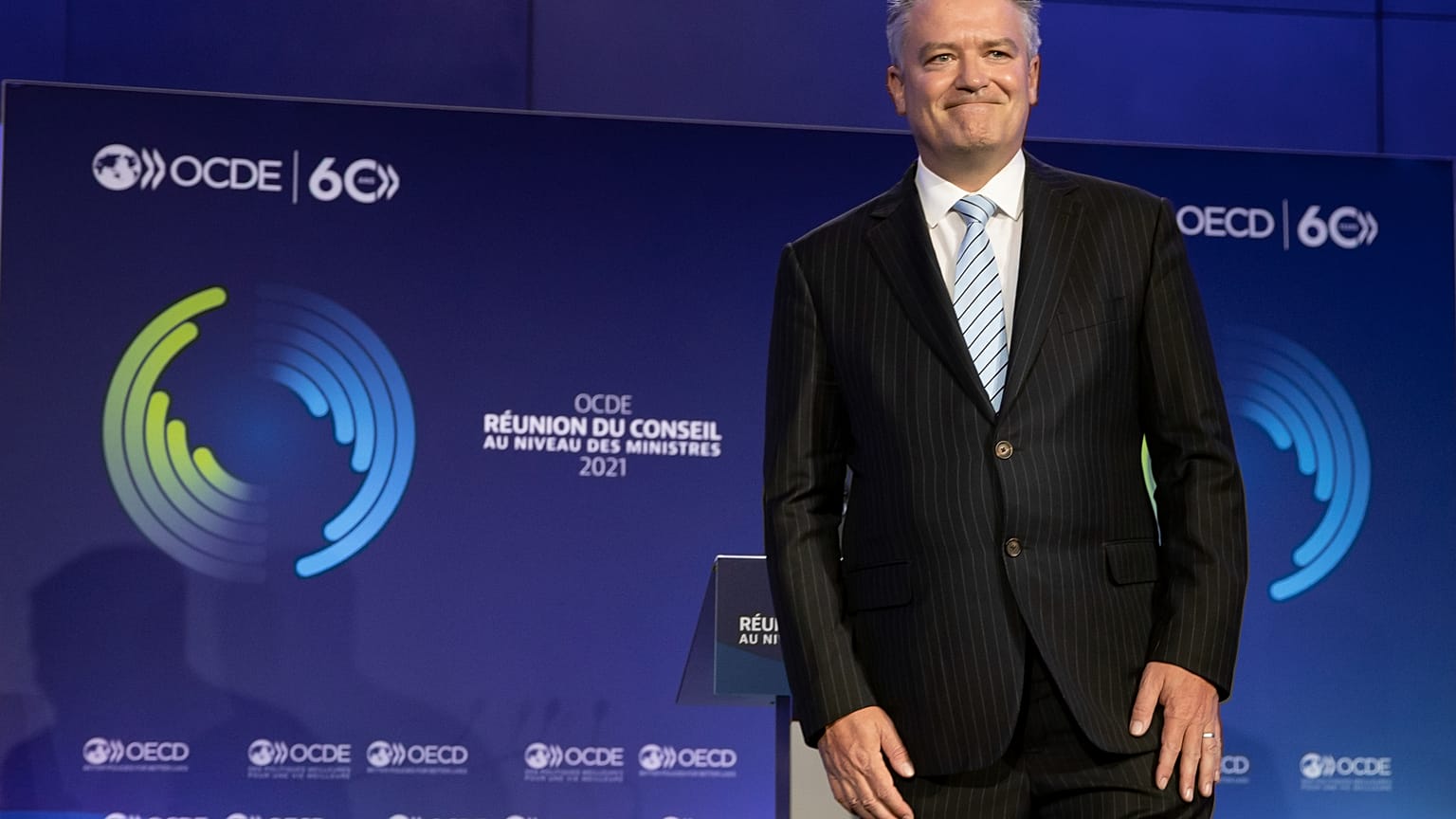 OECD boss Mathias Cormann speaks in Paris, France