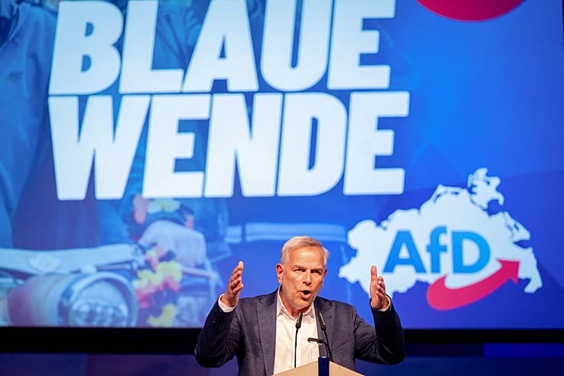 Leif-Erik Holm, the AfD's candidate for state premier in Mecklenburg-Western Pomerania, speaks at the campaign's closing rally in Neubrandenburg, 18 September, 2026