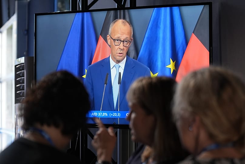 A monitor shows Federal Chancellor Friedrich Merz speaking following Sunday’s state elections. 20 September, 2026