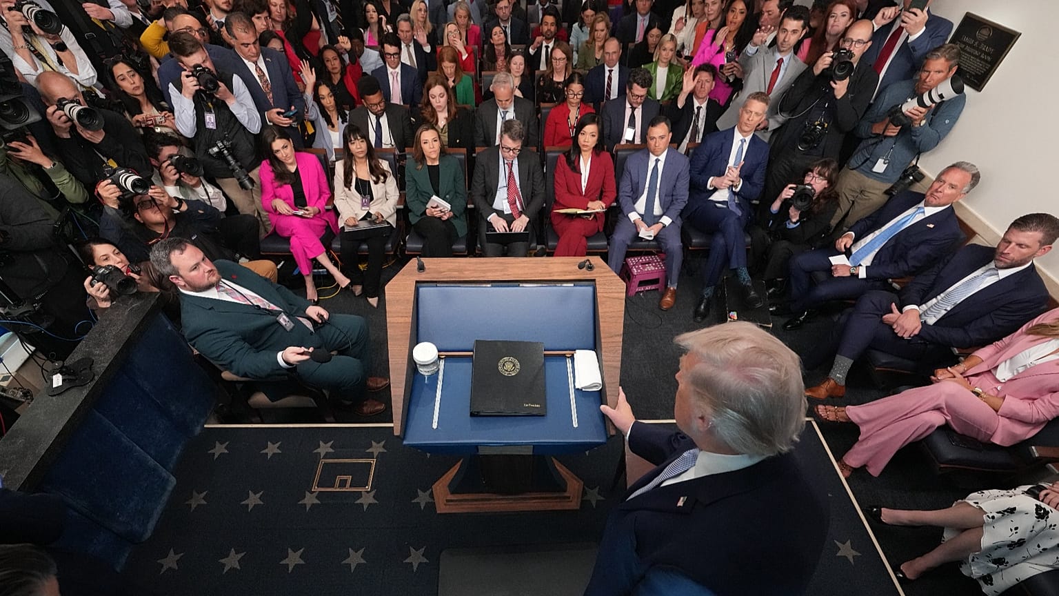 US President Donald Trump speaks with reporters in the James Brady Press Briefing Room at the White House, 6 April, 2026