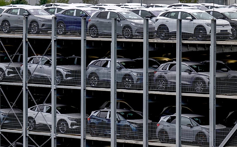 FILE. EVs produced by Volkswagen Saxony parked on the Zwickau plant premises, eastern Germany, 14 Sept. 2023