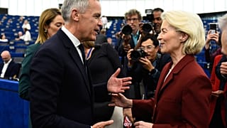 Canada's Prime Minister Mark Carney speaks with European Commission President Ursula von der Leyen at the European Parliament in Strasbourg, France, Sept 17, 2026.