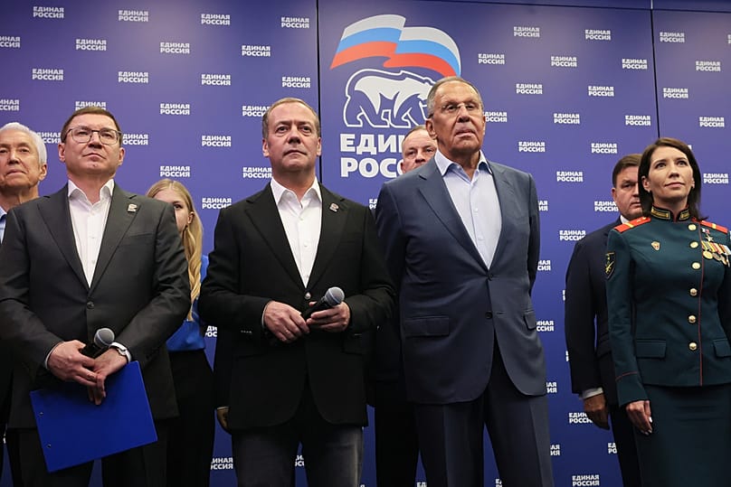 The head of the United Russia party Dmitry Medvedev, center, and Russian Foreign Minister Sergey Lavrov, United Russia HQ, Moscow, Sep 20, 2026
