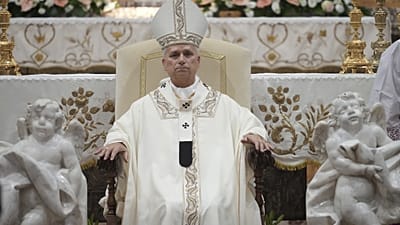 Le pape Léon XIV célèbre une messe à la basilique sanctuaire de la Mère du Bon Conseil à Genazzano, dans le centre de l'Italie, le lundi 7 septembre 2026.
