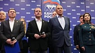 United Russia party's Dmitry Medvedev, center, and Russian Foreign Minister Sergey Lavrov, center right, watch preliminary voting results. 21 September, 2026.