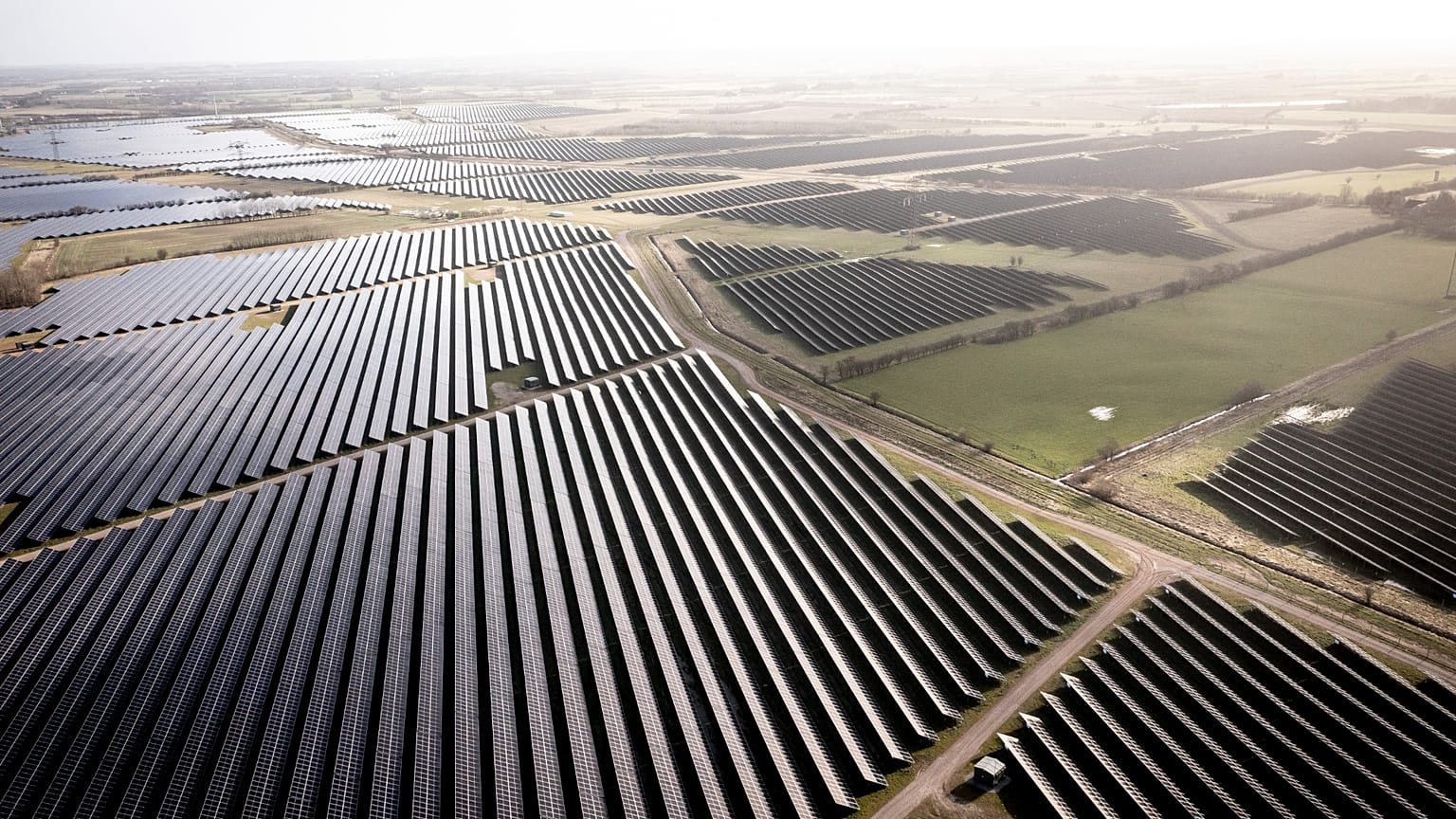 Solar installations on 340 hectares surround the village of Hjolderup west of Aabenraa, southern Denmark on February 2023. The village of Hjolderup consists of 12 houses.