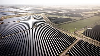 Solar installations on 340 hectares surround the village of Hjolderup west of Aabenraa, southern Denmark on February 2023. The village of Hjolderup consists of 12 houses.