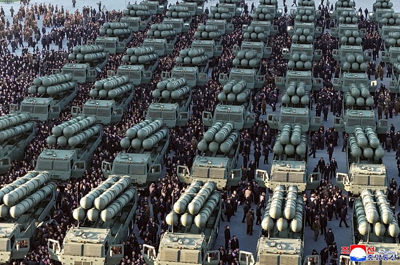 This photo provided by the North Korean government shows new launch vehicles for nuclear-capable short-range missiles during a ceremony in Pyongyang, 18 February, 2026
