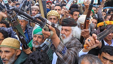 Supporters of Yemen's Houthis at a rally in support of the group and to protest Saudi Arabia's accusation that the Houthis targeted Mecca, 18 September, 2026