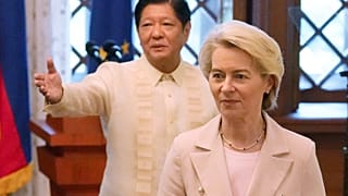 Philippine President Ferdinand Marcos Jr., left, gestures beside European Commission President Ursula von der Leyen. Philippines, July 31, 2023.