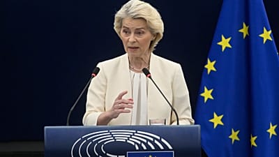 FILE - European Commission President Ursula von der Leyen delivers State of the European Union address in Strasbourg, eastern France. 16 Sept 2026.