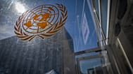 A UN logo on a security entrance door to the UN New York headquarters at the start of the 81st session of the UN General Assembly, 21 September 2026