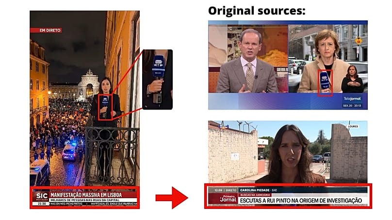 AI-generated videos (left side) with real elements of TV media outlets (right side).