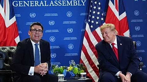 President Donald Trump meets with Britain's Prime Minister Andy Burnham during the United Nations General Assembly, Tuesday, Sept. 22, 2026, at the UN headquarters.