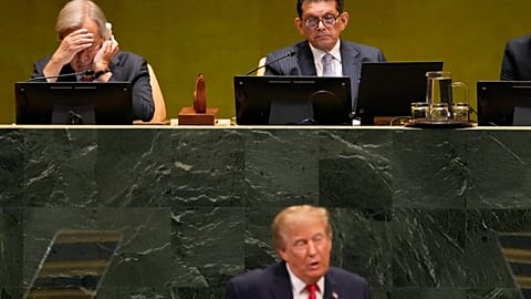 United Nations Secretary-General Antonio Guterres, top left, listens along side President of the 81st session of the United Nations General Assembly.