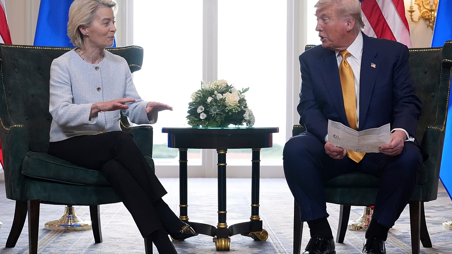 President Donald Trump and European Commission President Ursula von der Leyen talk after reaching a trade deal at the Trump Turnberry golf course in Scotland, July 2025. 