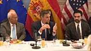 De izquierda a derecha: António Costa, presidente del Consejo Europeo; Pedro Sánchez, presidente del Gobierno español; y Zohran Mamdani, alcalde de Nueva York.
