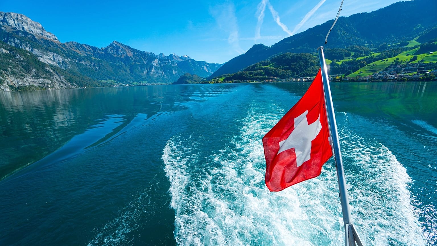 The Swiss flag flying at the back of a boat, 11 October, 2019