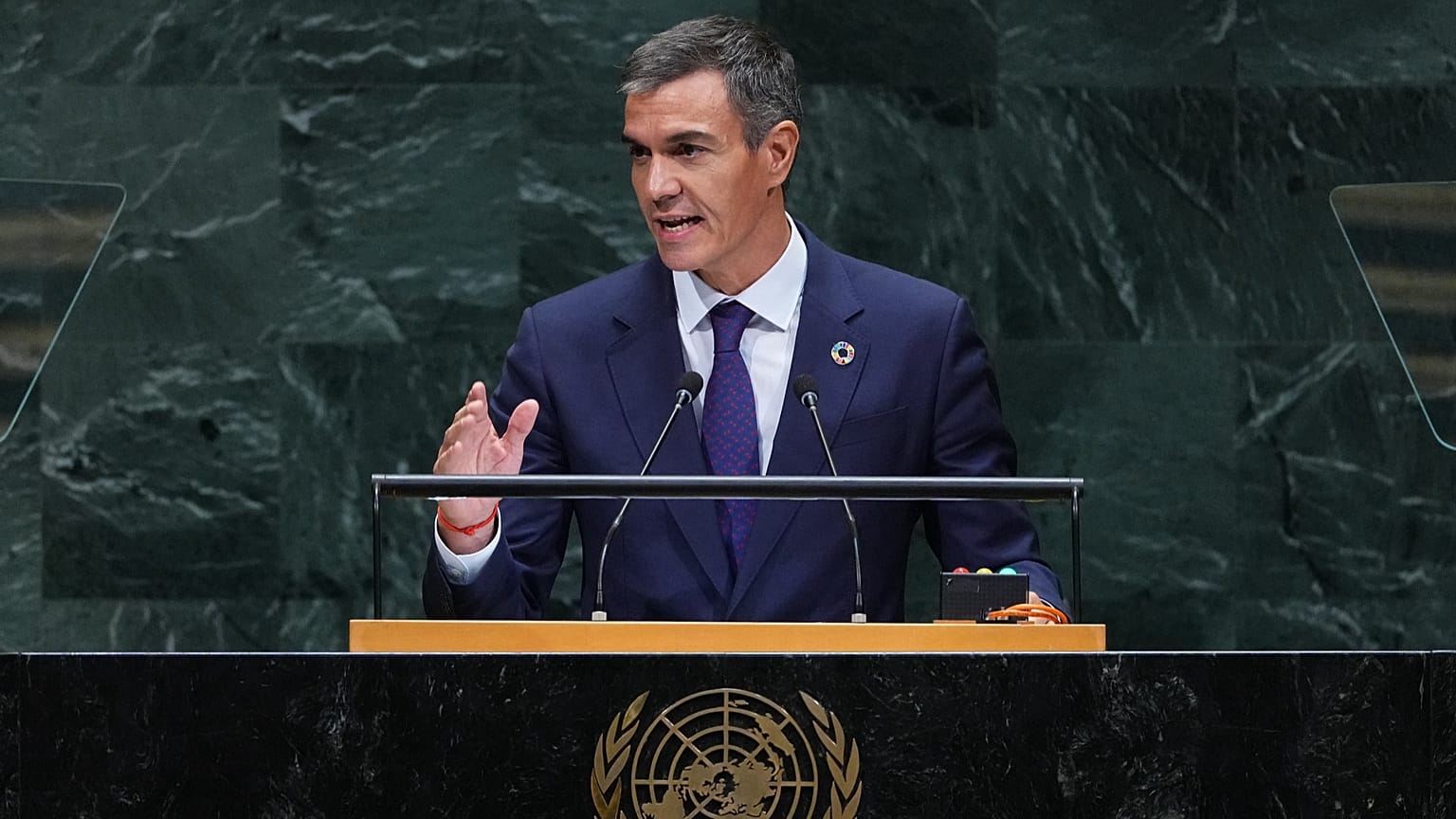 El presidente español, Pedro Sánchez, se dirige a la 81ª sesión de la Asamblea General de las Naciones Unidas en la sede de la ONU, el 23 de septiembre de 2026.