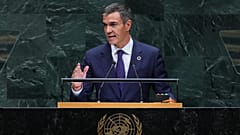 O presidente espanhol, Pedro Sánchez, discursa na 81.ª sessão da Assembleia Geral das Nações Unidas, na sede da ONU, em 23 de setembro de 2026.