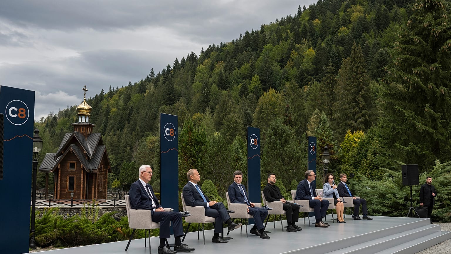 Regional leaders hold a joint press conference following the Carpathian 8 summit in Bukovel, western Ukraine, Friday, Sept. 18, 2026. (AP Photo/Vladyslav Musiienko)