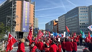 Trade Union members protesting against EU Inc. in front of the European Commission in Brussels, Thursday 24 September 2026.